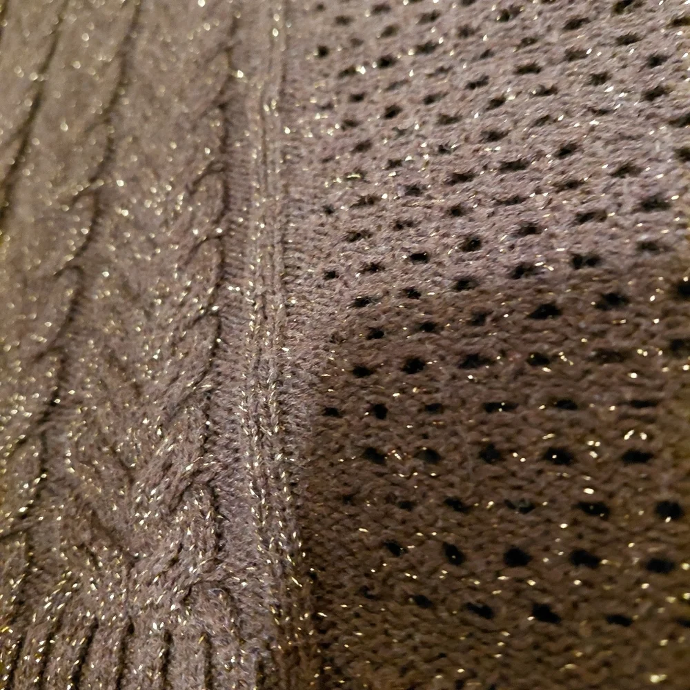 Brown & Gold Metallic Tinsel V Neck Crochet Sweater